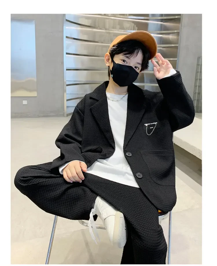 ZOETOPKID Kids Boys Suit Blazer+Pants Two Piece Black Khaki Spring Autumn Children Casual Formal Clothing 2PCS Set