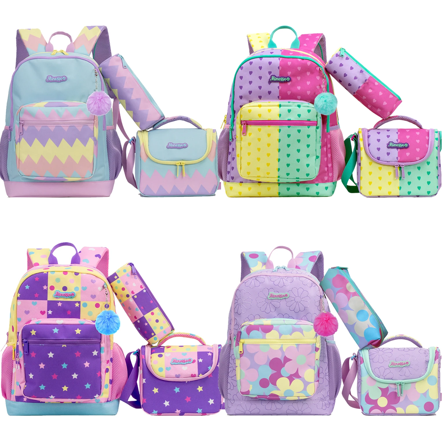 Girls Pink Backpack Set with Lunch Box & Pencil Case, Padded Strap School Bookbag for Elementary Students