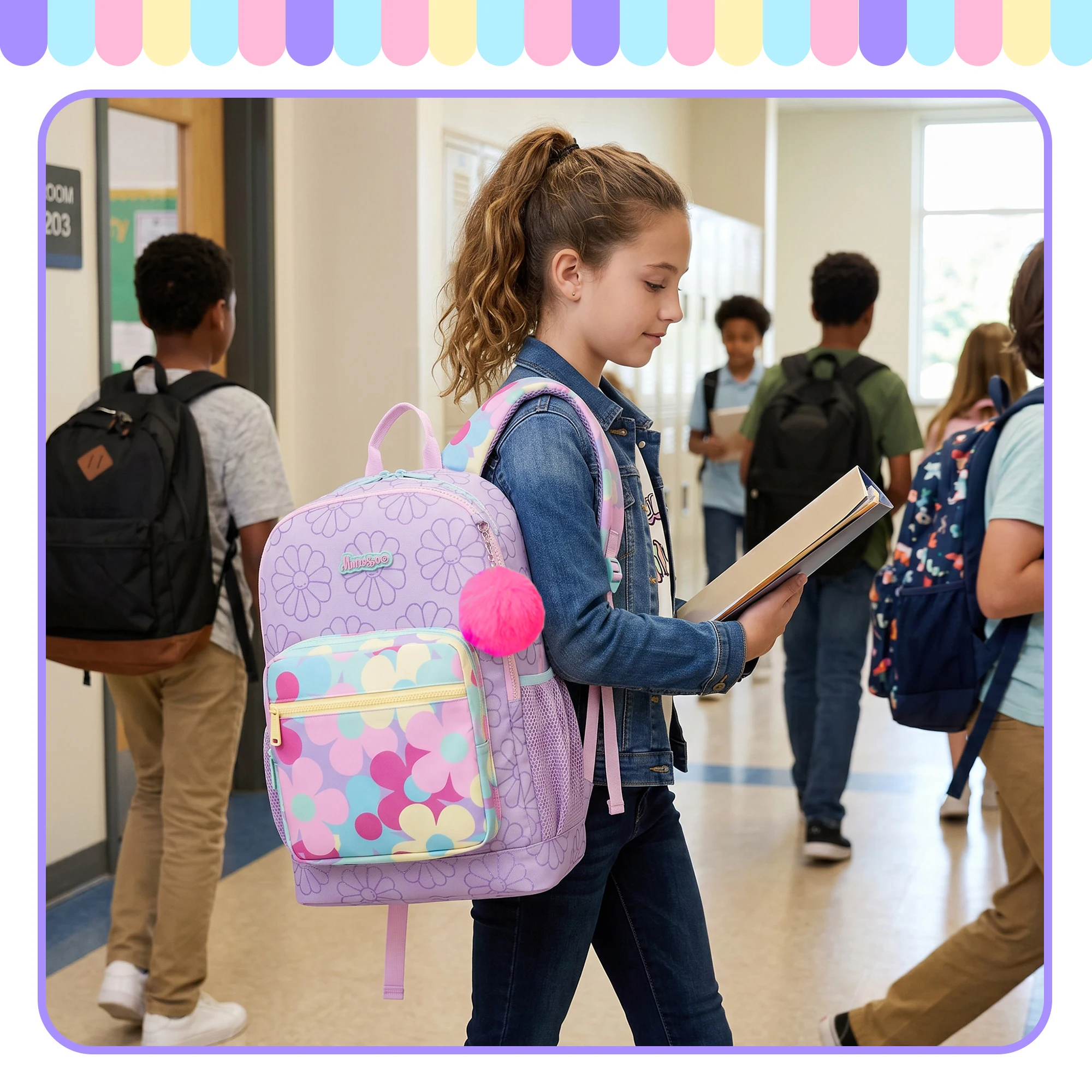 Girls Pink Backpack Set with Lunch Box & Pencil Case, Padded Strap School Bookbag for Elementary Students