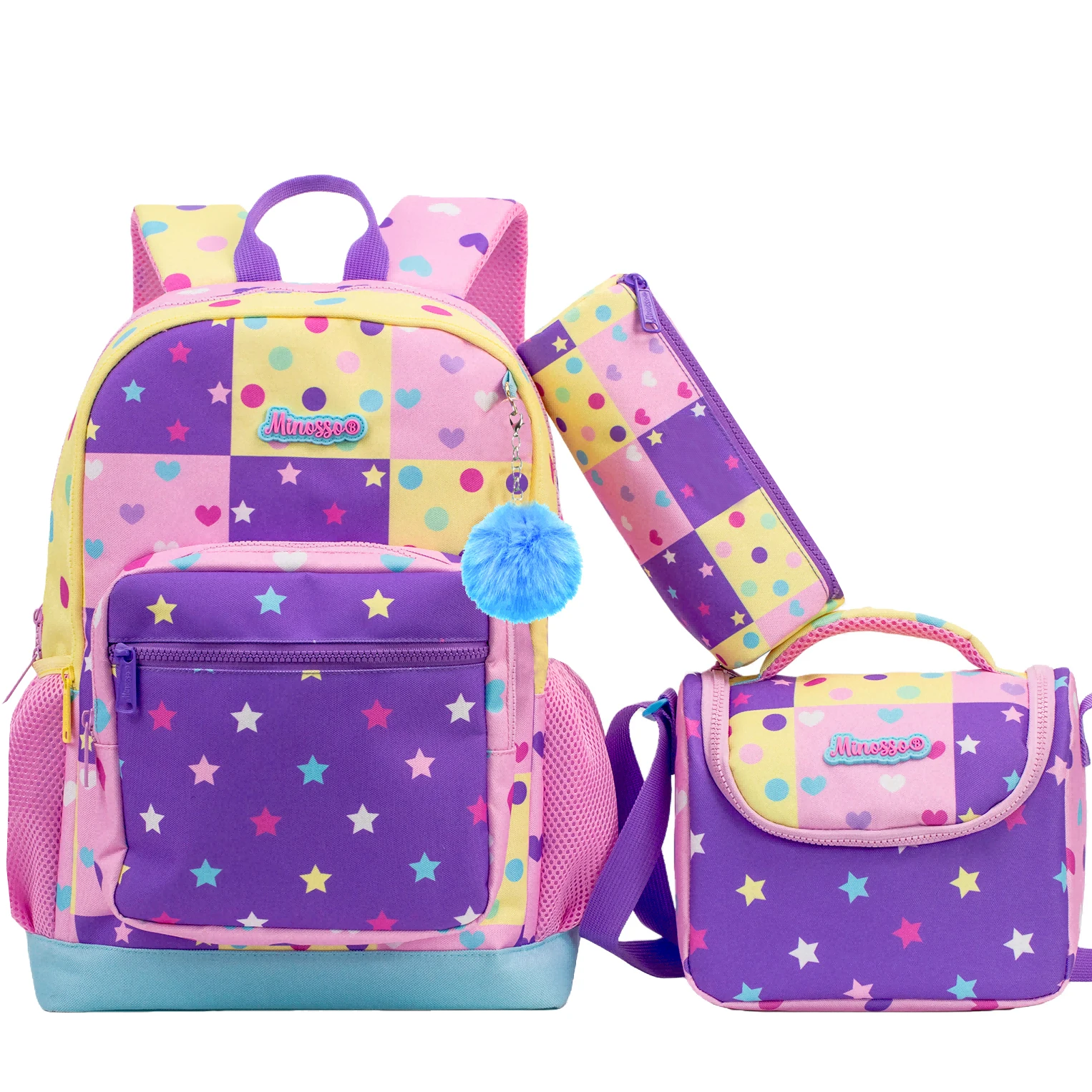Girls Pink Backpack Set with Lunch Box & Pencil Case, Padded Strap School Bookbag for Elementary Students