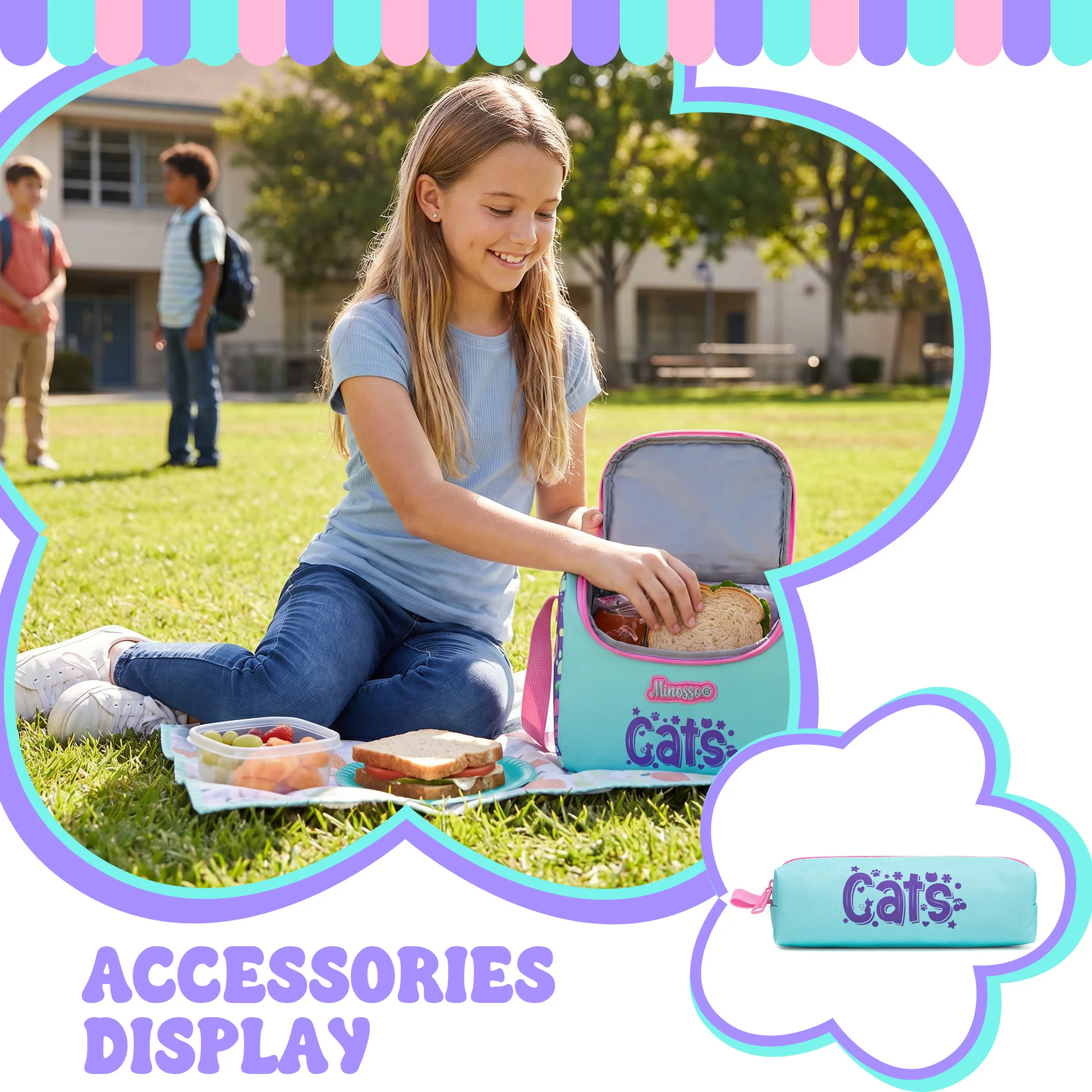 Girls Pink Backpack Set with Lunch Box & Pencil Case, Padded Strap School Bookbag for Elementary Students