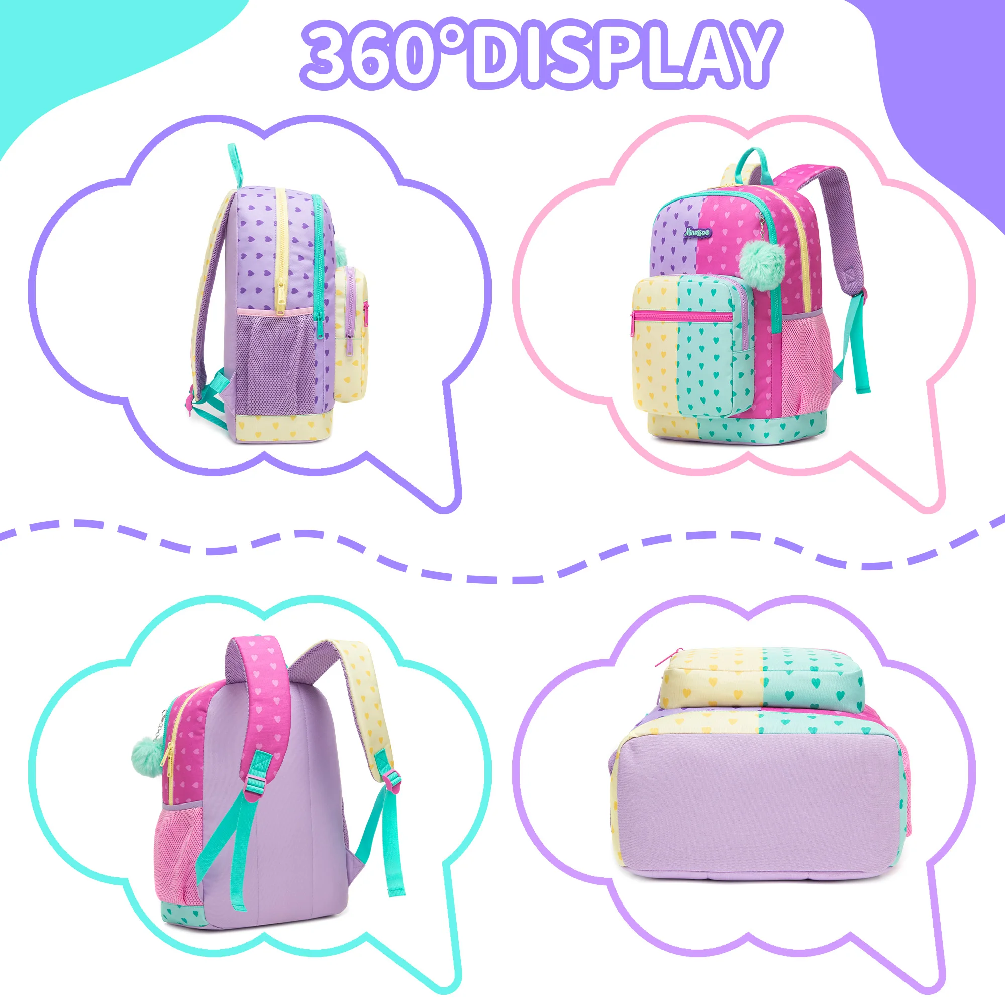 Girls Pink Backpack Set with Lunch Box & Pencil Case, Padded Strap School Bookbag for Elementary Students