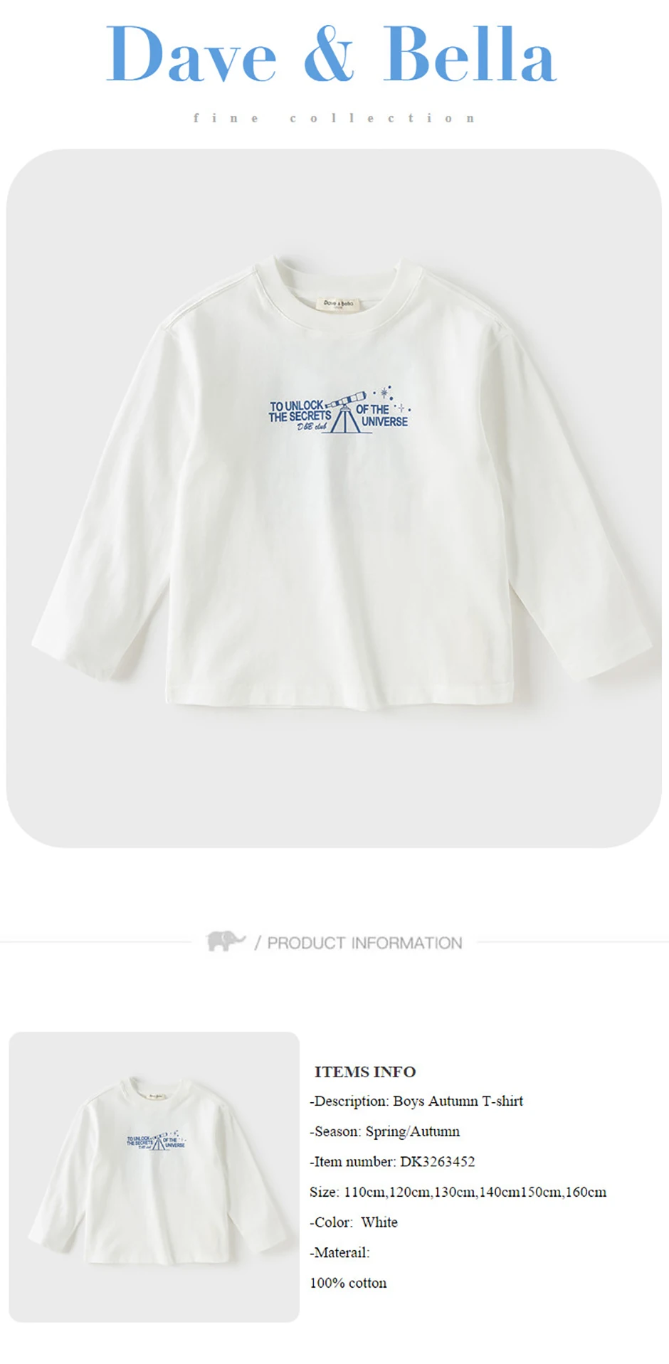 Dave Bella Boys Long Sleeve T-Shirt 7-13 Years Kids Printed Autumn Spring Tops Children White Casual Outdoor Clothes DK3263452