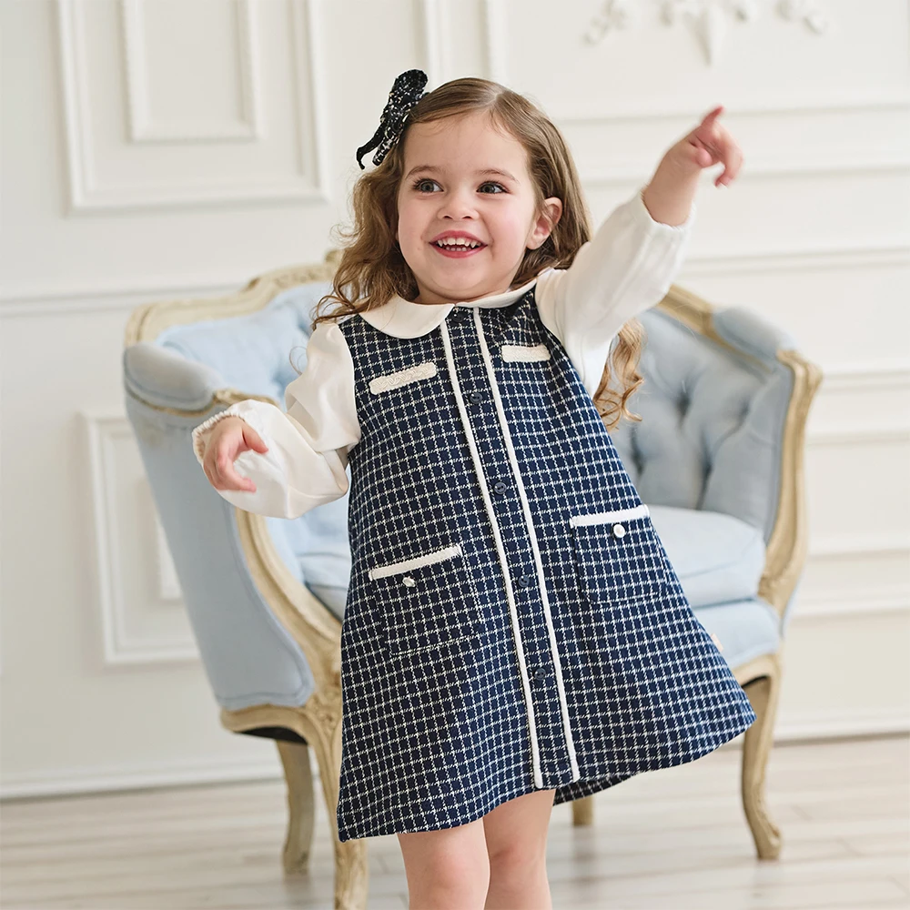 Dave Bella Girls Baby Knitted Dress Autum Kids Long Sleeve Fake Two Piece Princess Dress Retro College Style Party DB3253129