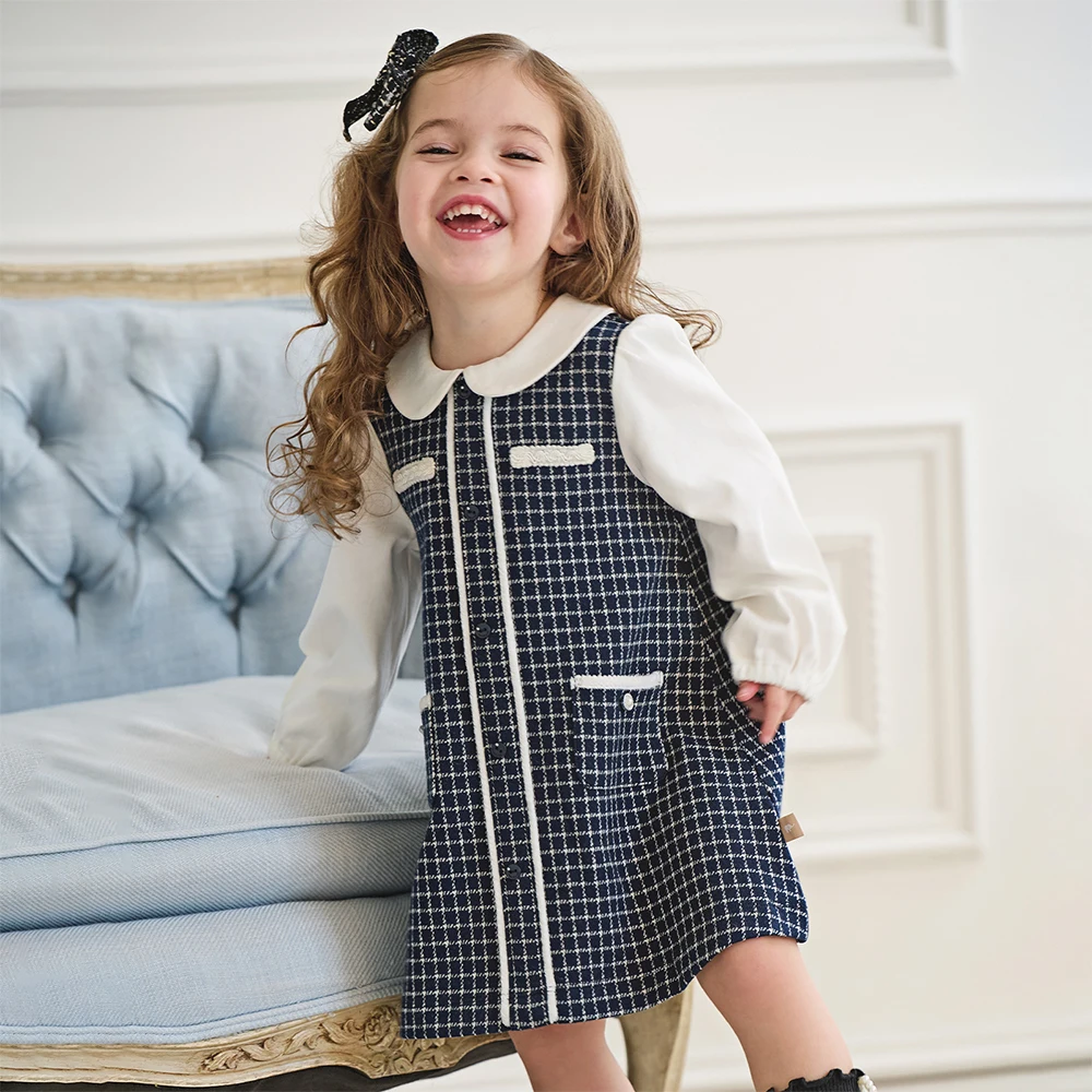 Dave Bella Girls Baby Knitted Dress Autum Kids Long Sleeve Fake Two Piece Princess Dress Retro College Style Party DB3253129