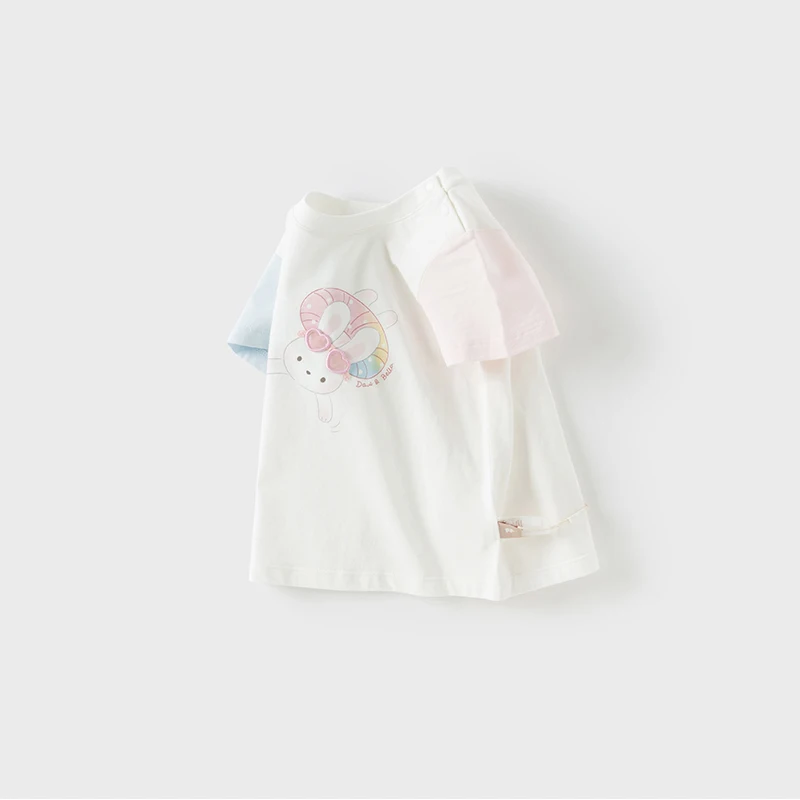 Dave Bella Children's T-shirt Summer Girl's Sweet Rabbit Print Bottoming Shirt Casual Baby Cotton Top Gentle Party DB2251301