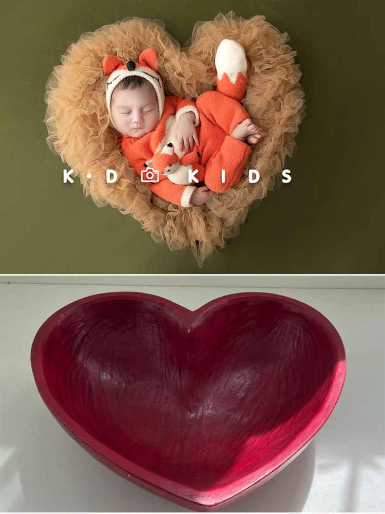 Newborn Photography Props Vintage Wooden Basin 35*35*13cm Heart Shape Box Full-moon Photo Posing Shooting Accessories Bed Basket