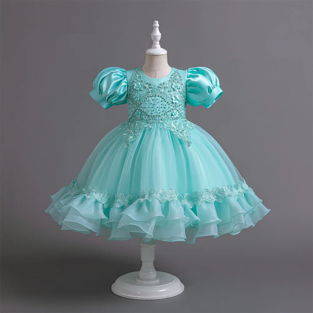 New Bubble Sleeves Bow Sticker Pearl Mesh Fluffy Dress Christmas Halloween School Party Performance Dress for 3-10 Years
