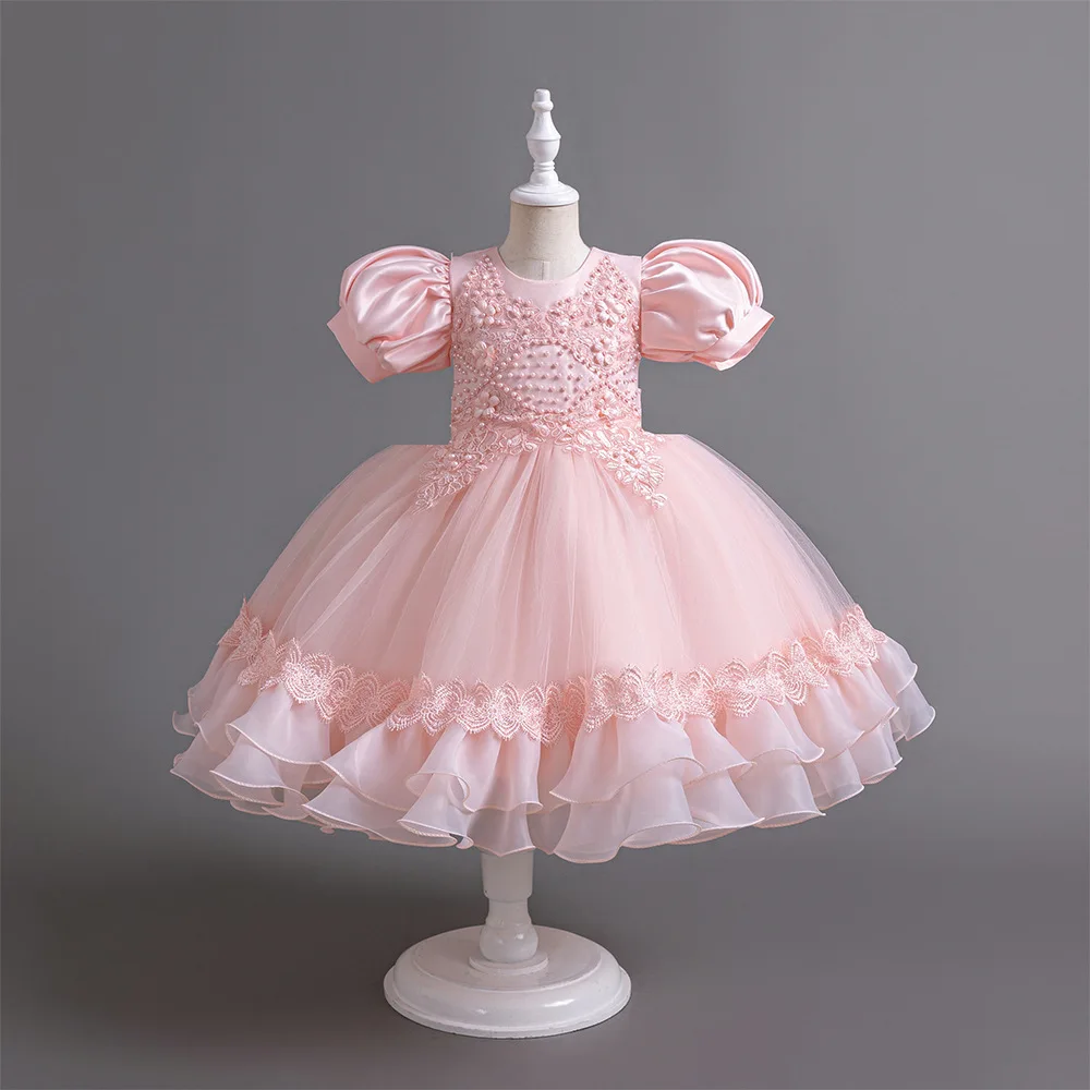New Bubble Sleeves Bow Sticker Pearl Mesh Fluffy Dress Christmas Halloween School Party Performance Dress for 3-10 Years