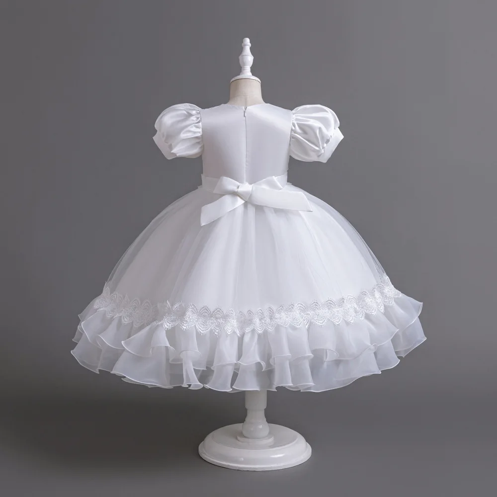 New Bubble Sleeves Bow Sticker Pearl Mesh Fluffy Dress Christmas Halloween School Party Performance Dress for 3-10 Years