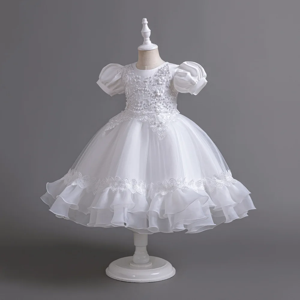 New Bubble Sleeves Bow Sticker Pearl Mesh Fluffy Dress Christmas Halloween School Party Performance Dress for 3-10 Years