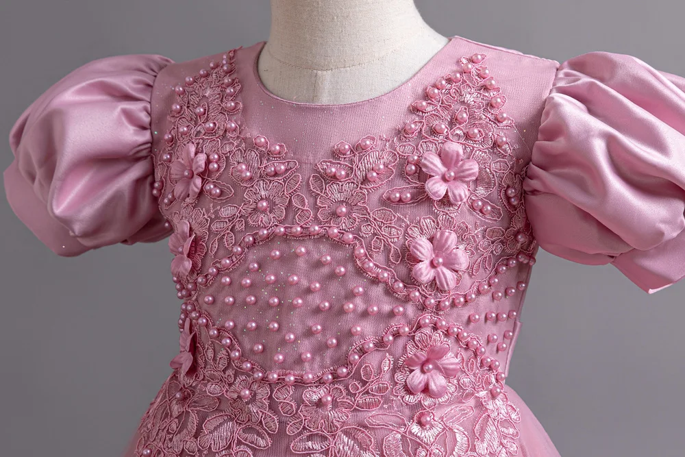 New Bubble Sleeves Bow Sticker Pearl Mesh Fluffy Dress Christmas Halloween School Party Performance Dress for 3-10 Years