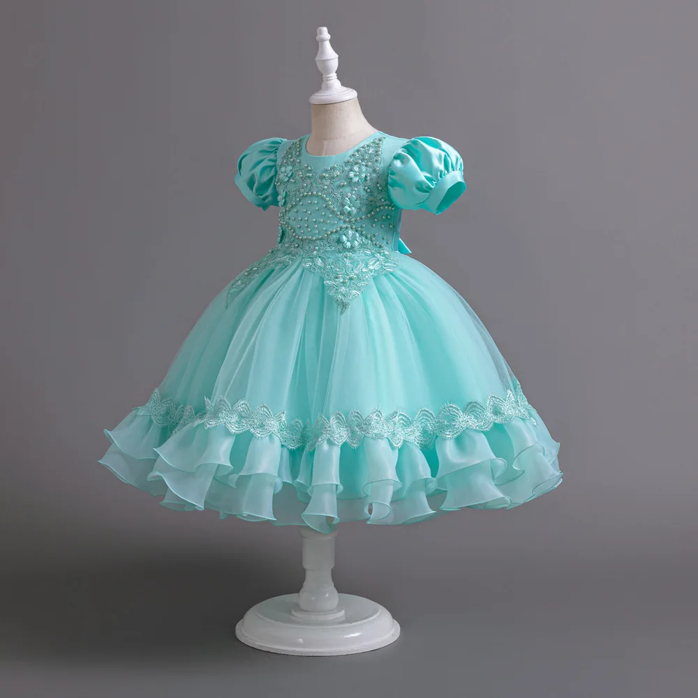 New Bubble Sleeves Bow Sticker Pearl Mesh Fluffy Dress Christmas Halloween School Party Performance Dress for 3-10 Years