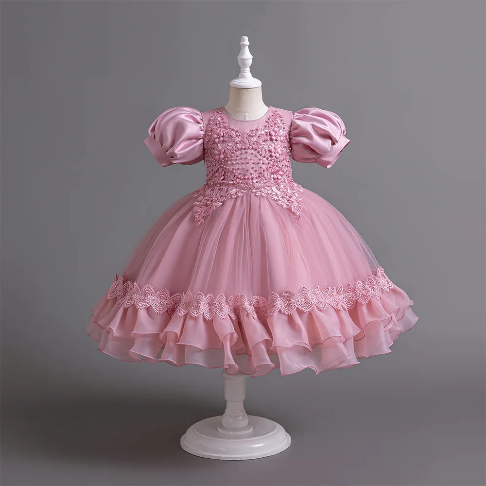 New Bubble Sleeves Bow Sticker Pearl Mesh Fluffy Dress Christmas Halloween School Party Performance Dress for 3-10 Years