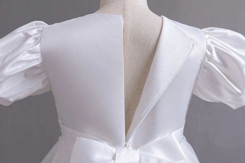 New Bubble Sleeves Bow Sticker Pearl Mesh Fluffy Dress Christmas Halloween School Party Performance Dress for 3-10 Years