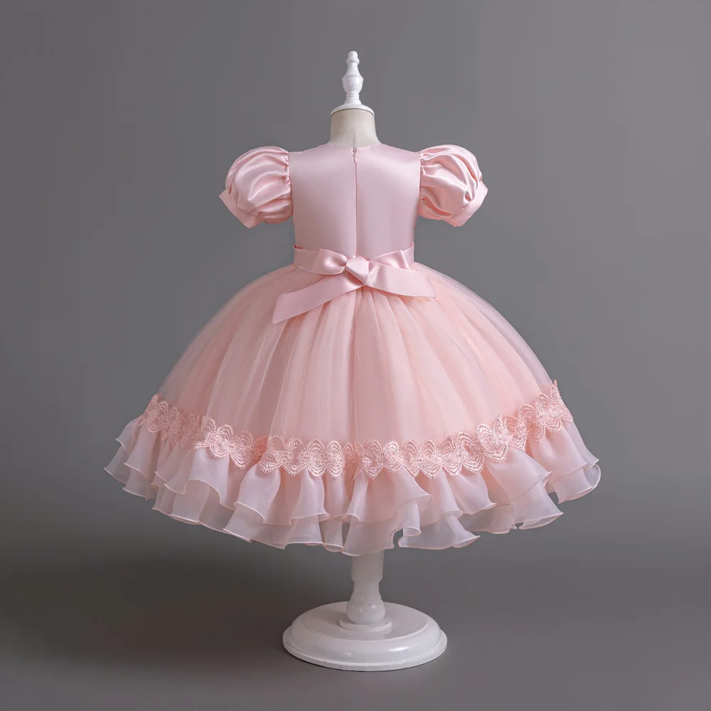 New Bubble Sleeves Bow Sticker Pearl Mesh Fluffy Dress Christmas Halloween School Party Performance Dress for 3-10 Years