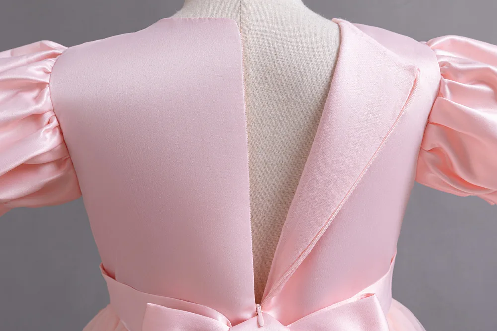 New Bubble Sleeves Bow Sticker Pearl Mesh Fluffy Dress Christmas Halloween School Party Performance Dress for 3-10 Years