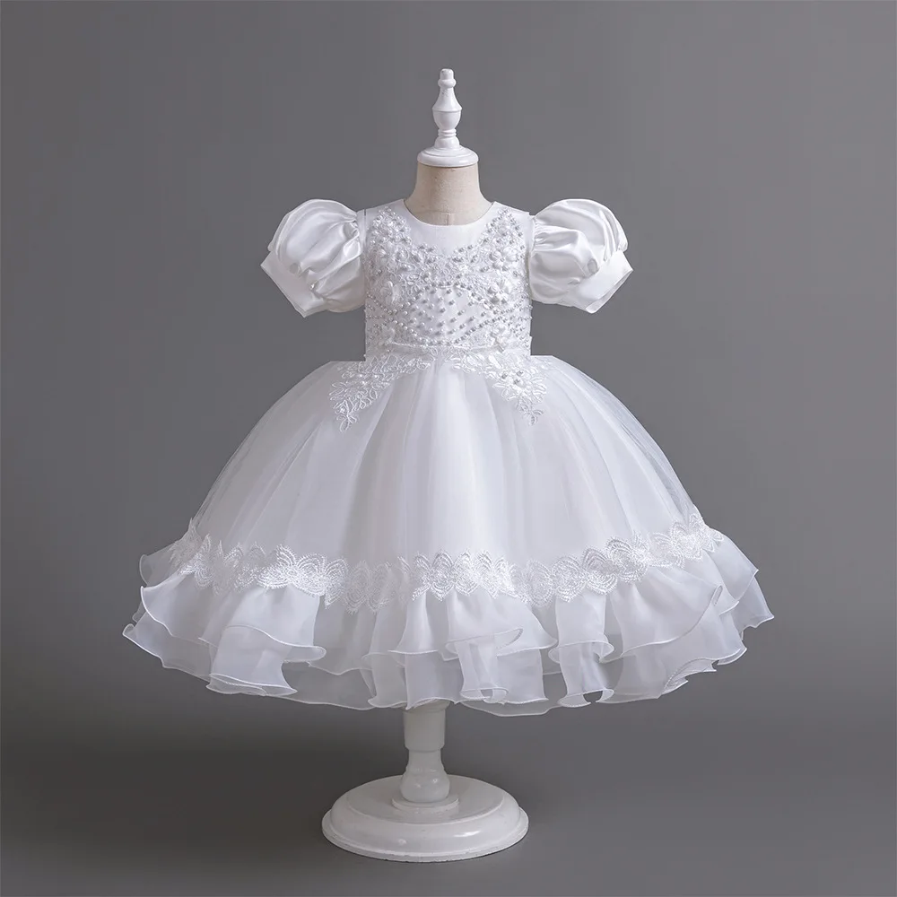 New Bubble Sleeves Bow Sticker Pearl Mesh Fluffy Dress Christmas Halloween School Party Performance Dress for 3-10 Years