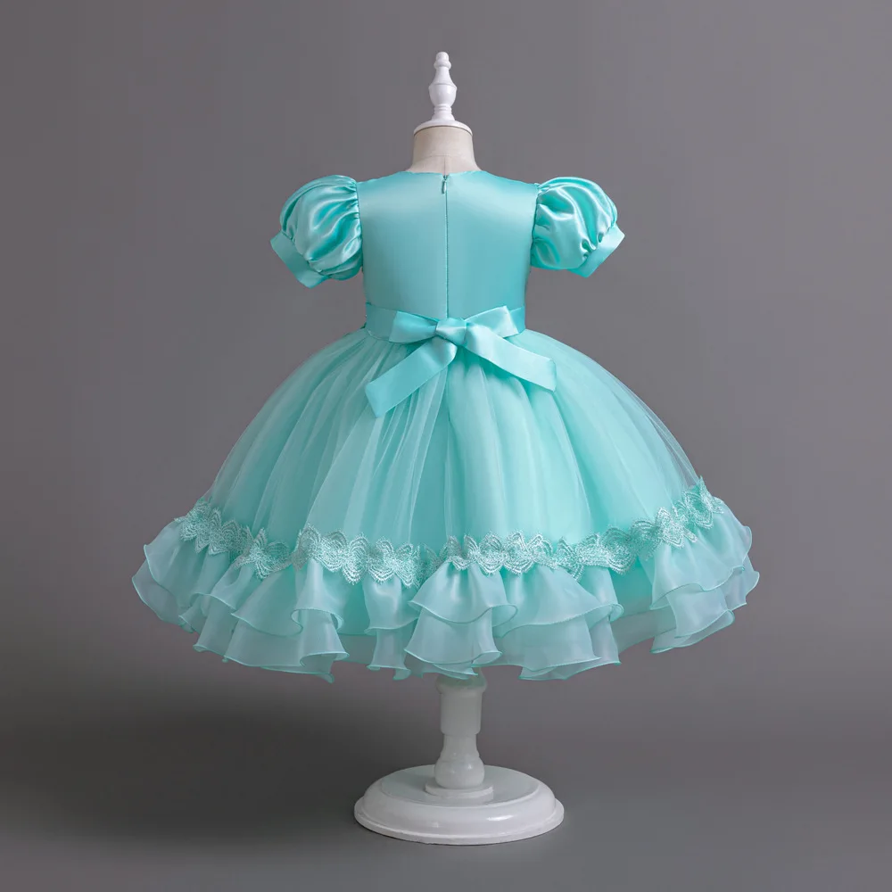 New Bubble Sleeves Bow Sticker Pearl Mesh Fluffy Dress Christmas Halloween School Party Performance Dress for 3-10 Years