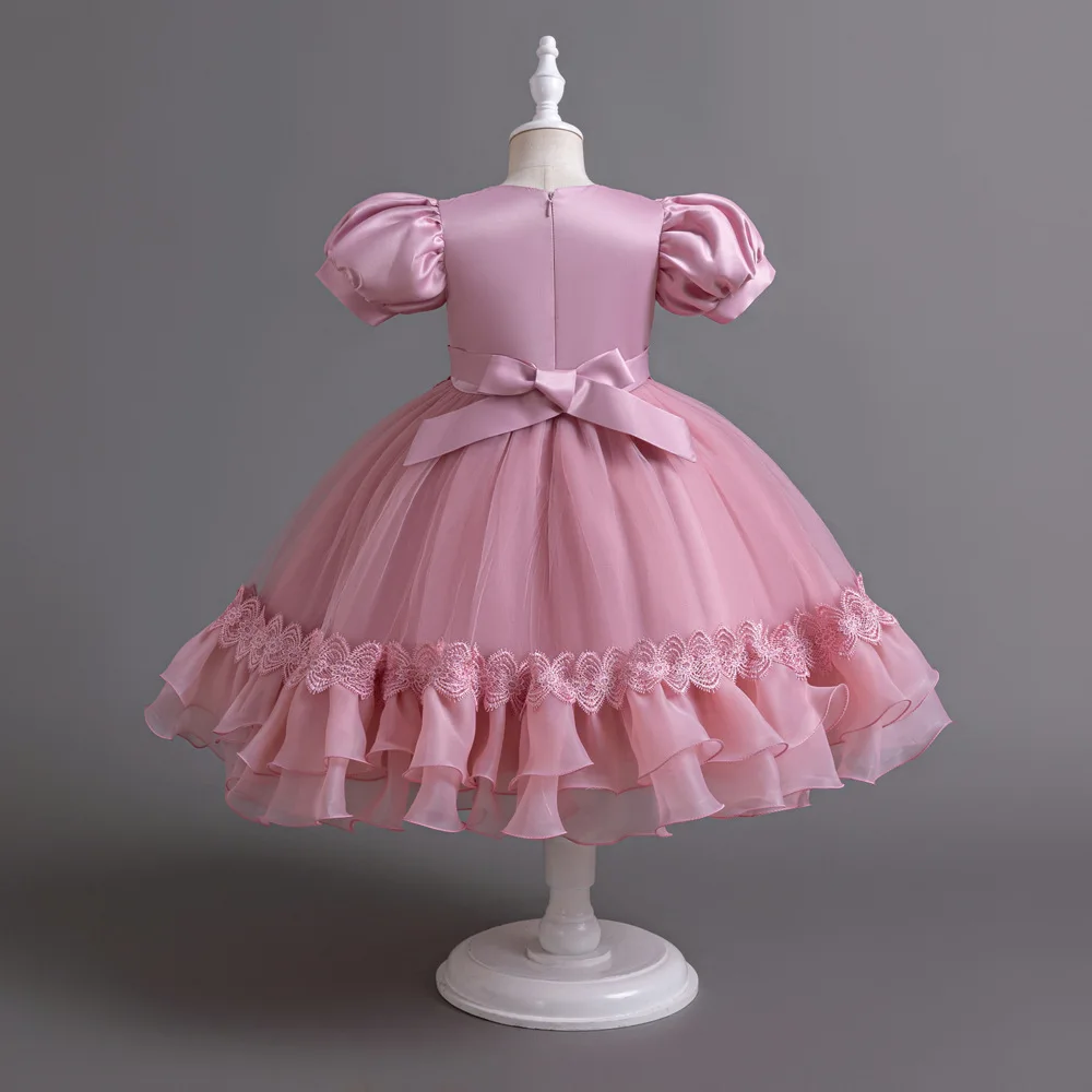 New Bubble Sleeves Bow Sticker Pearl Mesh Fluffy Dress Christmas Halloween School Party Performance Dress for 3-10 Years