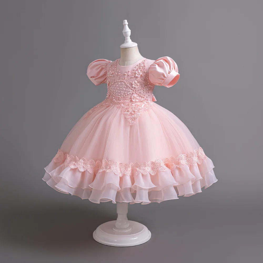 New Bubble Sleeves Bow Sticker Pearl Mesh Fluffy Dress Christmas Halloween School Party Performance Dress for 3-10 Years