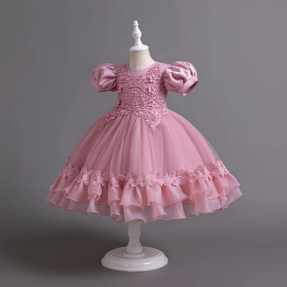 New Bubble Sleeves Bow Sticker Pearl Mesh Fluffy Dress Christmas Halloween School Party Performance Dress for 3-10 Years