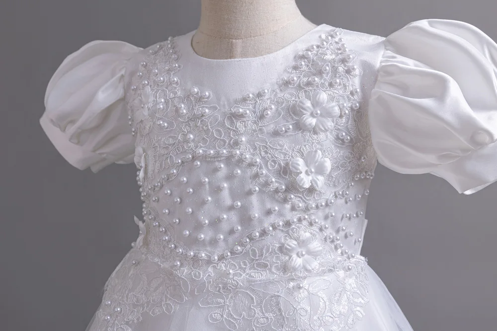 New Bubble Sleeves Bow Sticker Pearl Mesh Fluffy Dress Christmas Halloween School Party Performance Dress for 3-10 Years