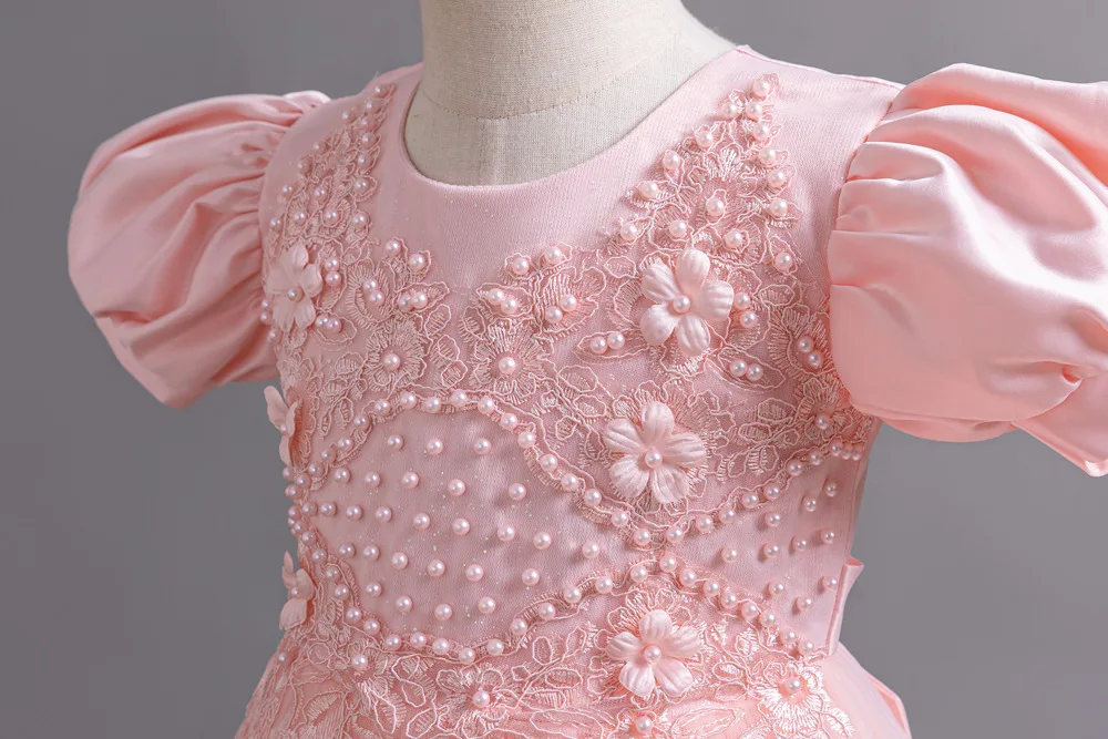 New Bubble Sleeves Bow Sticker Pearl Mesh Fluffy Dress Christmas Halloween School Party Performance Dress for 3-10 Years