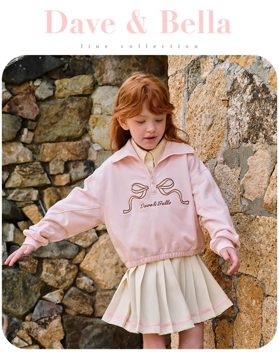 Dave Bella Children Girls' Skirt Set Autumn Baby's Bow Print Hoodie Pleated Short Skirt Two Piece Set Party Cute DK3253393