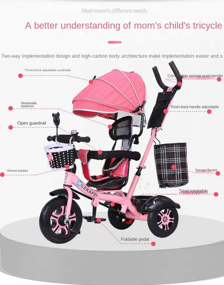 LazyChild Rotatable Seat Children's Tricycle 1-5 Year Old Metal Frame Baby Bicycle Bike Baby Stroller With Awning 2026 New