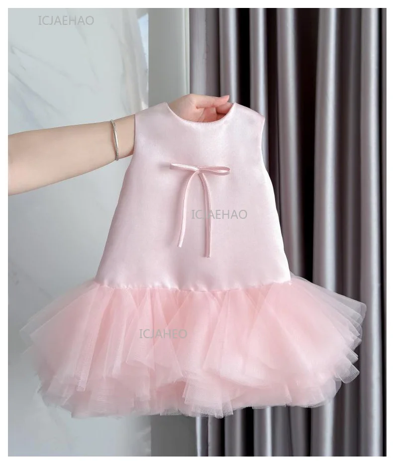 Party Dress Pink Baby Girls Vest with Mesh Skirt First Birthday Kids Celebration Pageant Princess Gown Toddler Formal Dresses