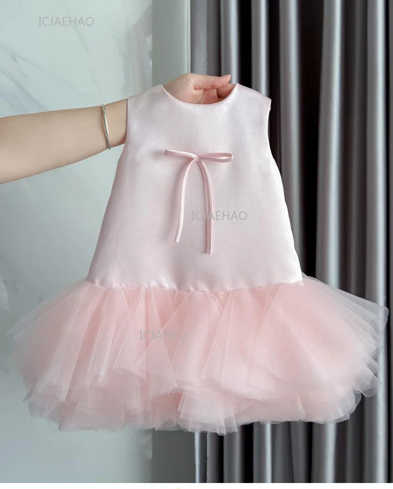 Party Dress Pink Baby Girls Vest with Mesh Skirt First Birthday Kids Celebration Pageant Princess Gown Toddler Formal Dresses