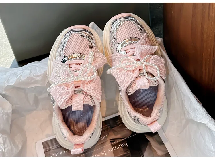 Girls Sports Shoes with Sweet Mesh Bow Kids Running Shoes Breathable 2026 New Fashion Children Sneakers Princess Style Cute