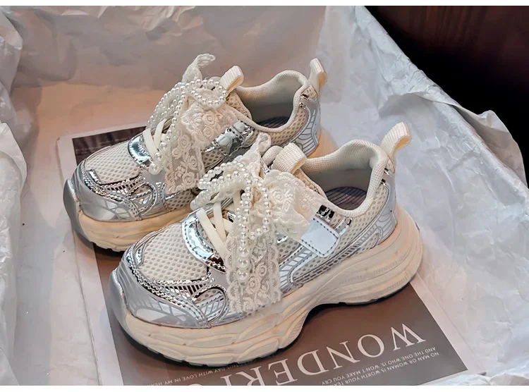 Girls Sports Shoes with Sweet Mesh Bow Kids Running Shoes Breathable 2026 New Fashion Children Sneakers Princess Style Cute