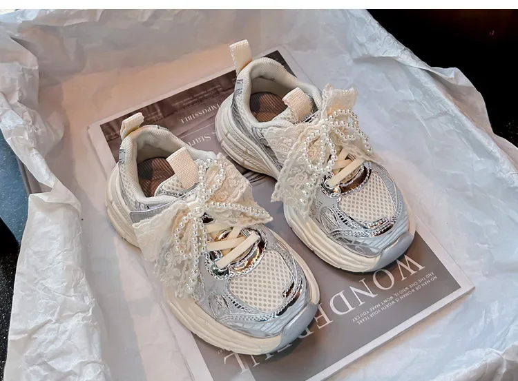 Girls Sports Shoes with Sweet Mesh Bow Kids Running Shoes Breathable 2026 New Fashion Children Sneakers Princess Style Cute