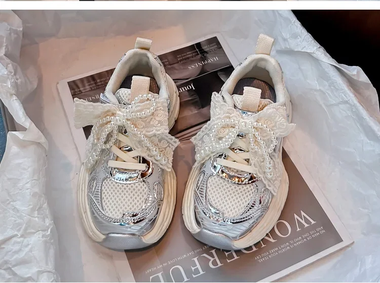 Girls Sports Shoes with Sweet Mesh Bow Kids Running Shoes Breathable 2026 New Fashion Children Sneakers Princess Style Cute