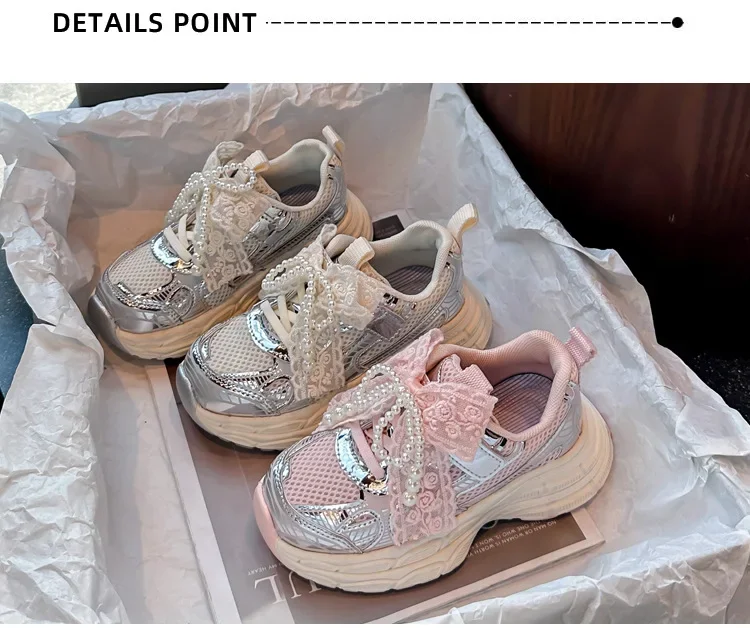 Girls Sports Shoes with Sweet Mesh Bow Kids Running Shoes Breathable 2026 New Fashion Children Sneakers Princess Style Cute