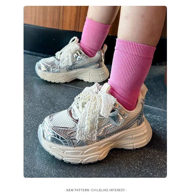 Girls Sports Shoes with Sweet Mesh Bow Kids Running Shoes Breathable 2026 New Fashion Children Sneakers Princess Style Cute