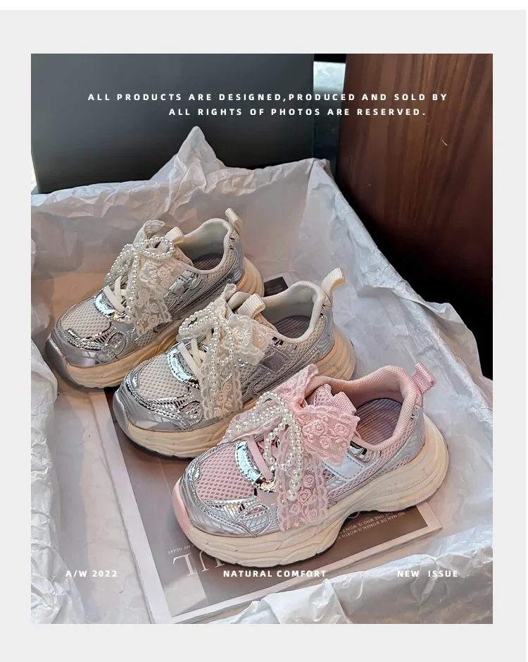 Girls Sports Shoes with Sweet Mesh Bow Kids Running Shoes Breathable 2026 New Fashion Children Sneakers Princess Style Cute