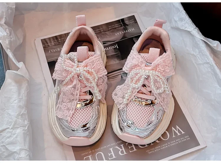 Girls Sports Shoes with Sweet Mesh Bow Kids Running Shoes Breathable 2026 New Fashion Children Sneakers Princess Style Cute
