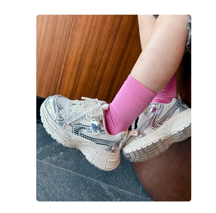 Girls Sports Shoes with Sweet Mesh Bow Kids Running Shoes Breathable 2026 New Fashion Children Sneakers Princess Style Cute