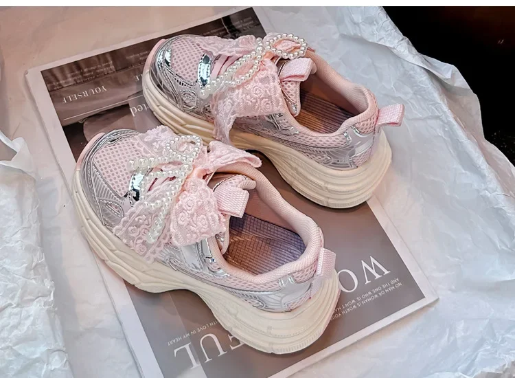 Girls Sports Shoes with Sweet Mesh Bow Kids Running Shoes Breathable 2026 New Fashion Children Sneakers Princess Style Cute