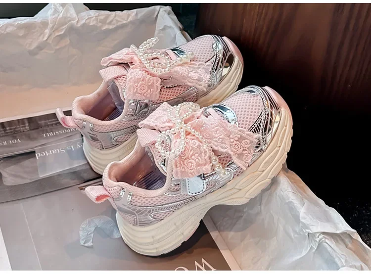 Girls Sports Shoes with Sweet Mesh Bow Kids Running Shoes Breathable 2026 New Fashion Children Sneakers Princess Style Cute