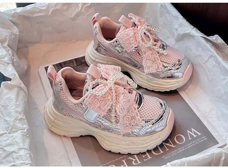 Girls Sports Shoes with Sweet Mesh Bow Kids Running Shoes Breathable 2026 New Fashion Children Sneakers Princess Style Cute