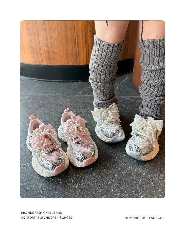 Girls Sports Shoes with Sweet Mesh Bow Kids Running Shoes Breathable 2026 New Fashion Children Sneakers Princess Style Cute