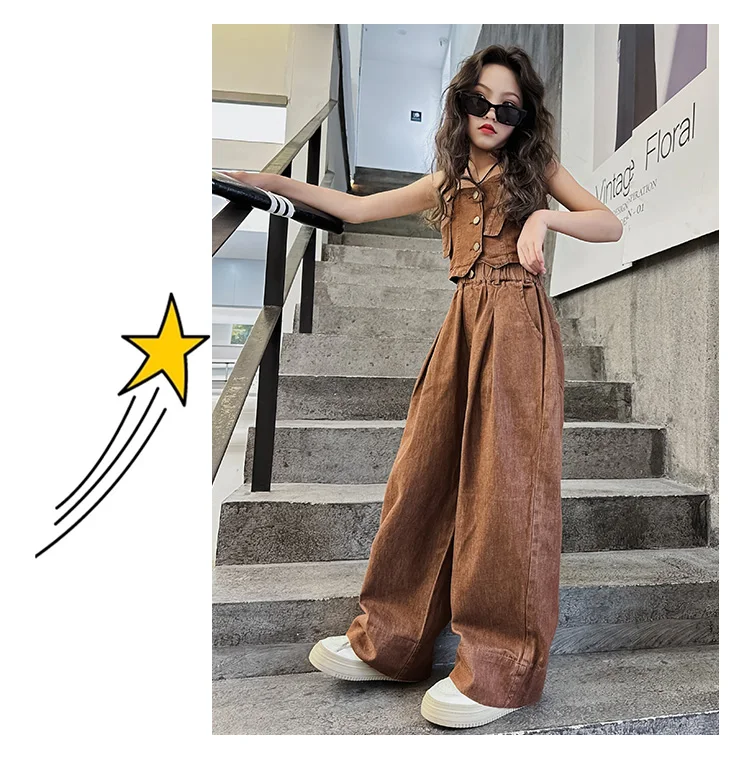 Summer Design Youth Girls Clothes set Sling Tank Top+Versatile Wide Leg Pants 2pcs junior kids suit teen Child Clothing outfits