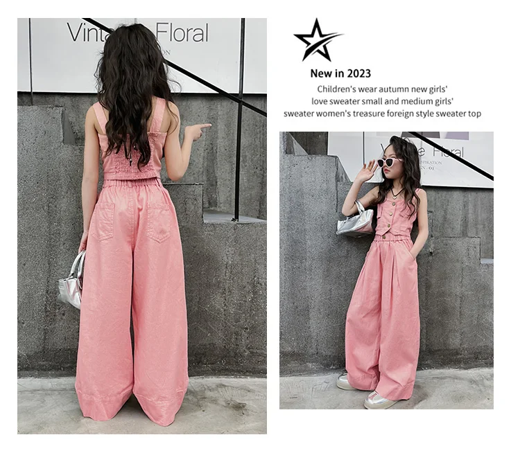 Summer Design Youth Girls Clothes set Sling Tank Top+Versatile Wide Leg Pants 2pcs junior kids suit teen Child Clothing outfits