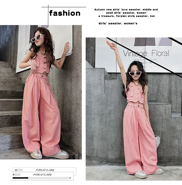 Summer Design Youth Girls Clothes set Sling Tank Top+Versatile Wide Leg Pants 2pcs junior kids suit teen Child Clothing outfits