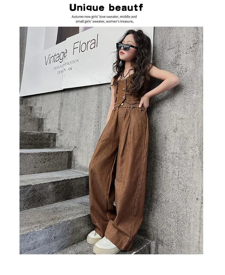 Summer Design Youth Girls Clothes set Sling Tank Top+Versatile Wide Leg Pants 2pcs junior kids suit teen Child Clothing outfits