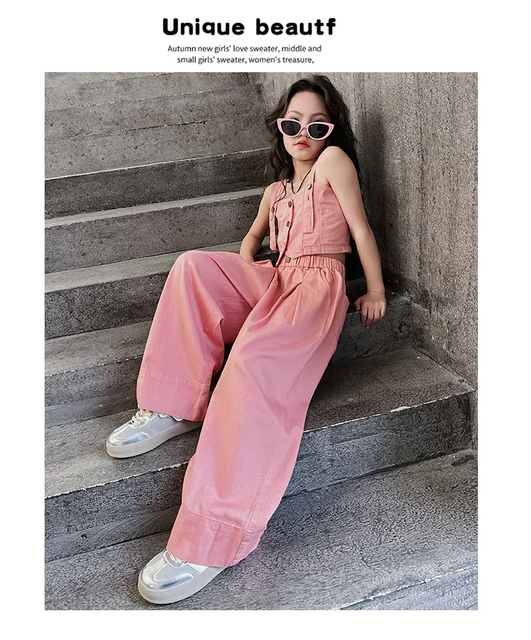 Summer Design Youth Girls Clothes set Sling Tank Top+Versatile Wide Leg Pants 2pcs junior kids suit teen Child Clothing outfits